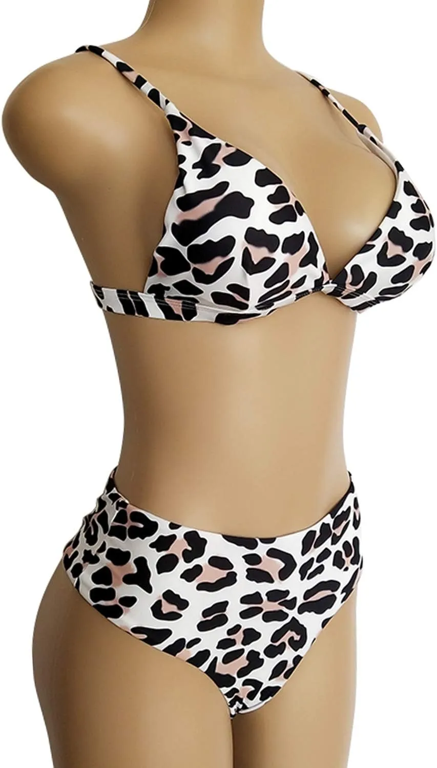TSWRK Women's High Waist Leopard Print Bikini 2 Pieces Swimsuits Cheeky Bottom
