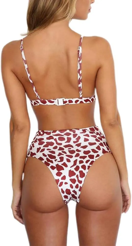 TSWRK Women's High Waist Leopard Print Bikini 2 Pieces Swimsuits Cheeky Bottom