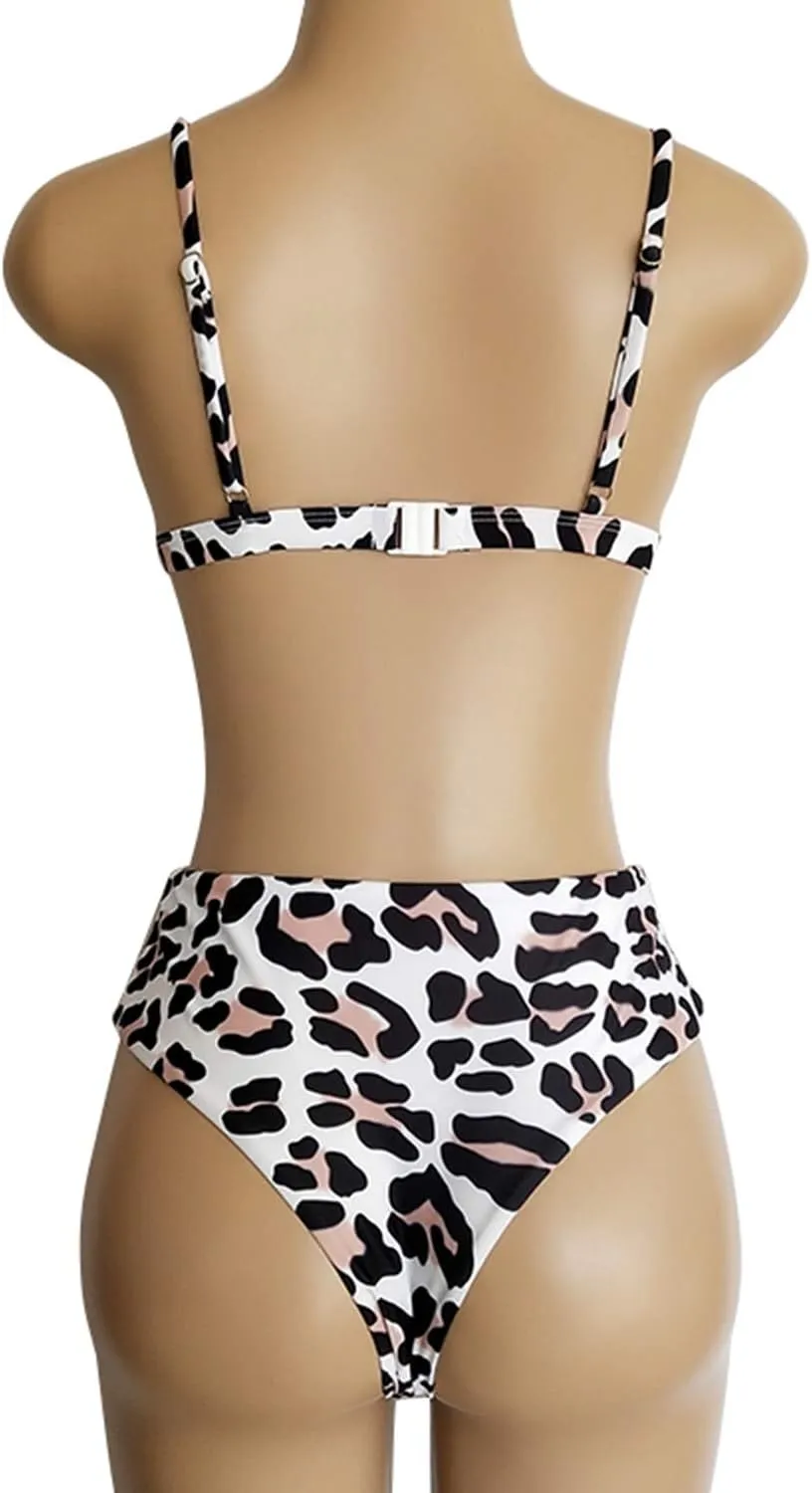 TSWRK Women's High Waist Leopard Print Bikini 2 Pieces Swimsuits Cheeky Bottom