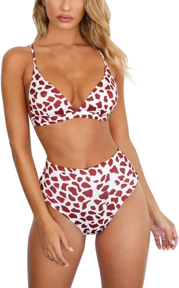 TSWRK Women's High Waist Leopard Print Bikini 2 Pieces Swimsuits Cheeky Bottom
