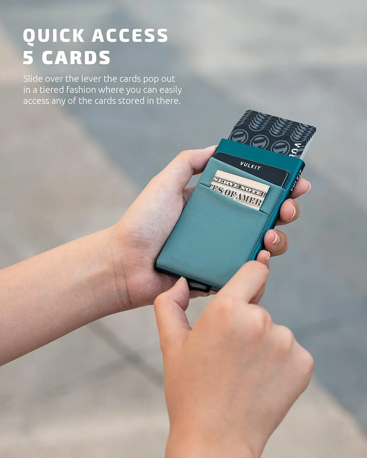 VULKIT Card Holder with Money Pocket Pop Up Wallet RFID Blocking Slim Metal Bank Card Case Holds 5 Cards and Notes(Emerald Green)