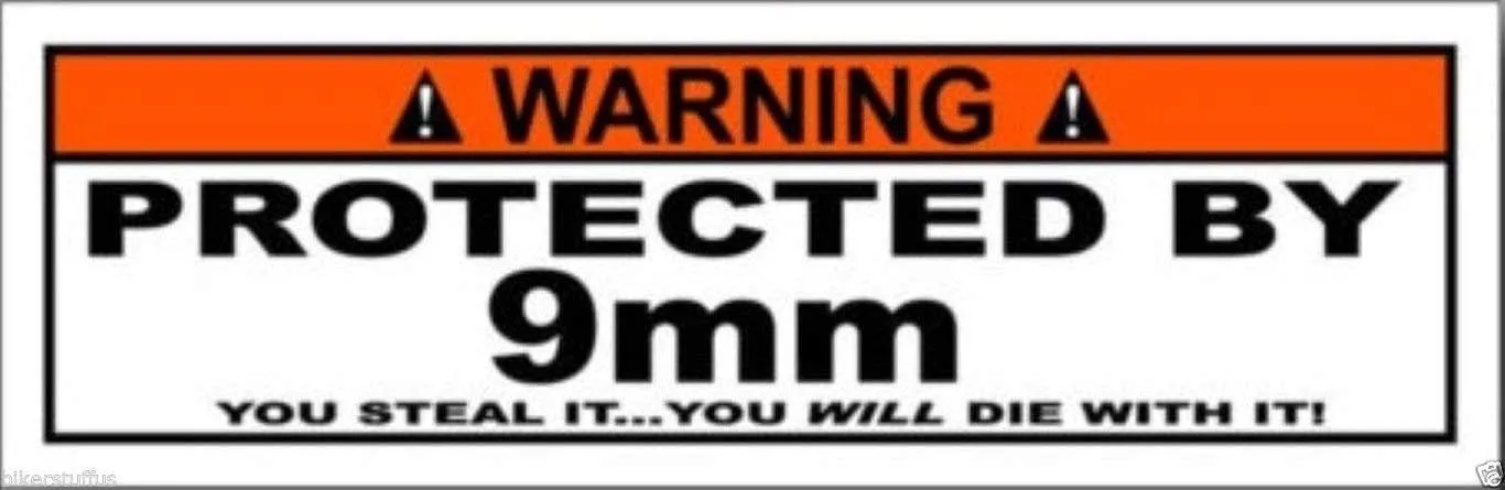 Warning Protected by 9Mm Sticker Decal Laptop Sticker Decal Toolbox Sticker Decal Window Sticker Decal Helmet Sticker Decal Vinyl - Made in USA 4.25 in. x 1.25 in.