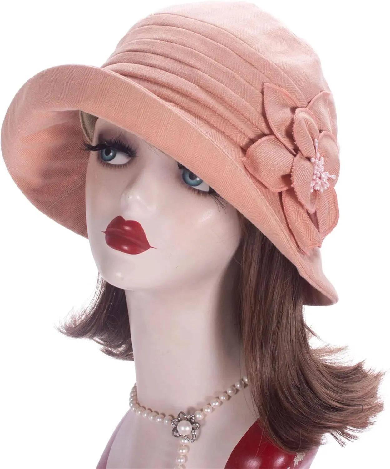 Women's Breathable Cotton Linen Cloche Hat with 3D Floral Casual Wide Brim Summer Hat Classic Tea Party Wedding Fedora Cap