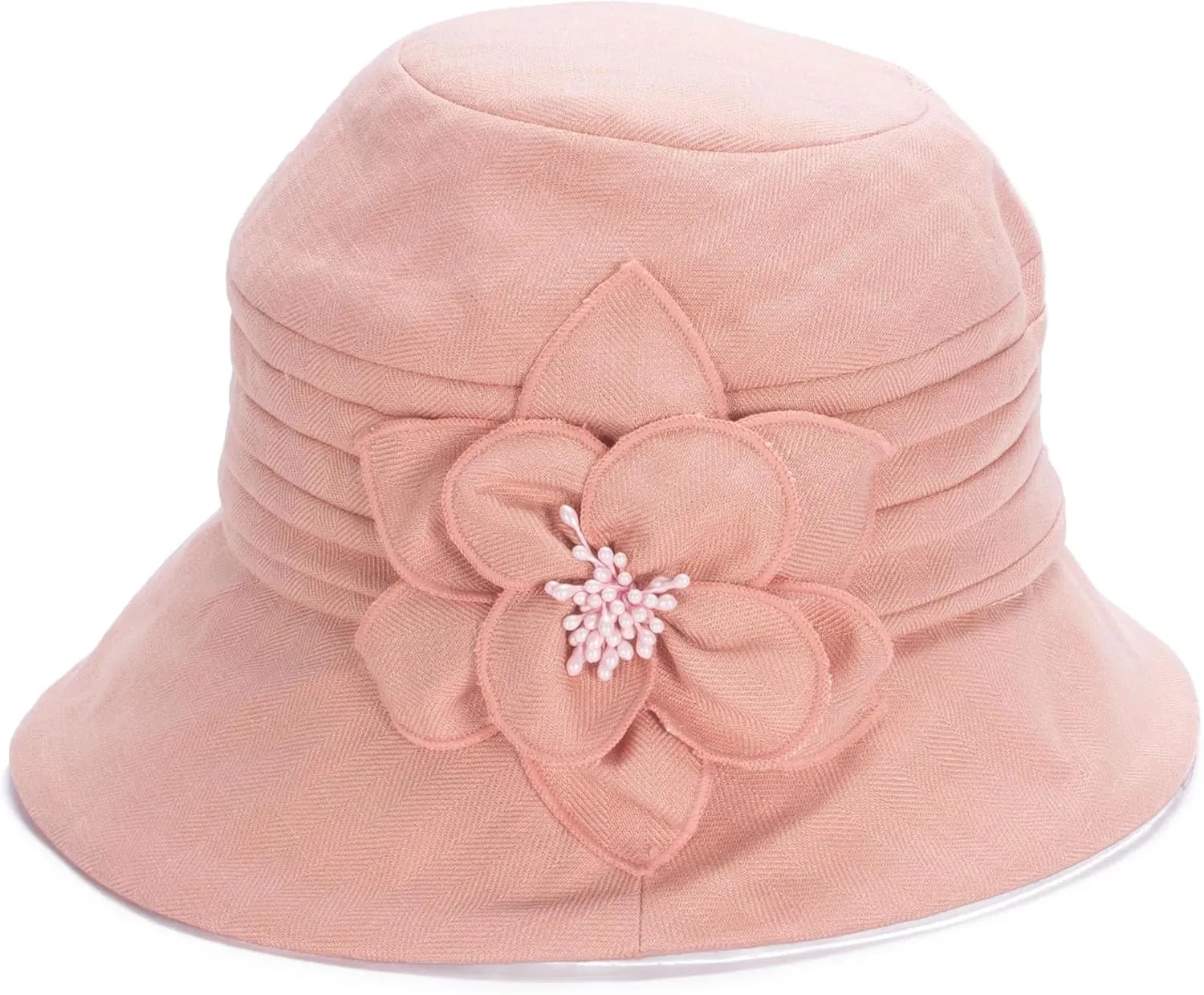 Women's Breathable Cotton Linen Cloche Hat with 3D Floral Casual Wide Brim Summer Hat Classic Tea Party Wedding Fedora Cap