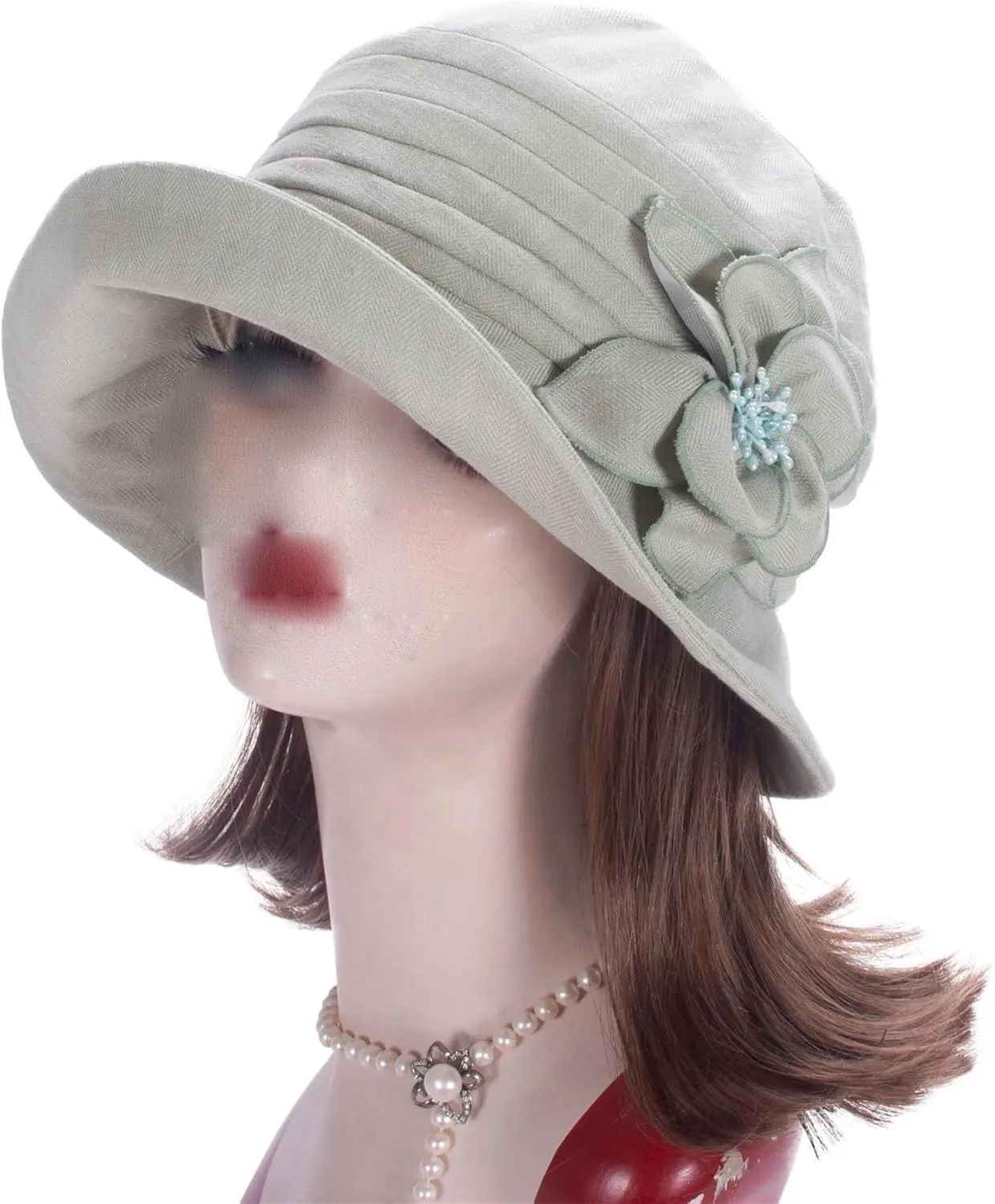 Women's Breathable Cotton Linen Cloche Hat with 3D Floral Casual Wide Brim Summer Hat Classic Tea Party Wedding Fedora Cap