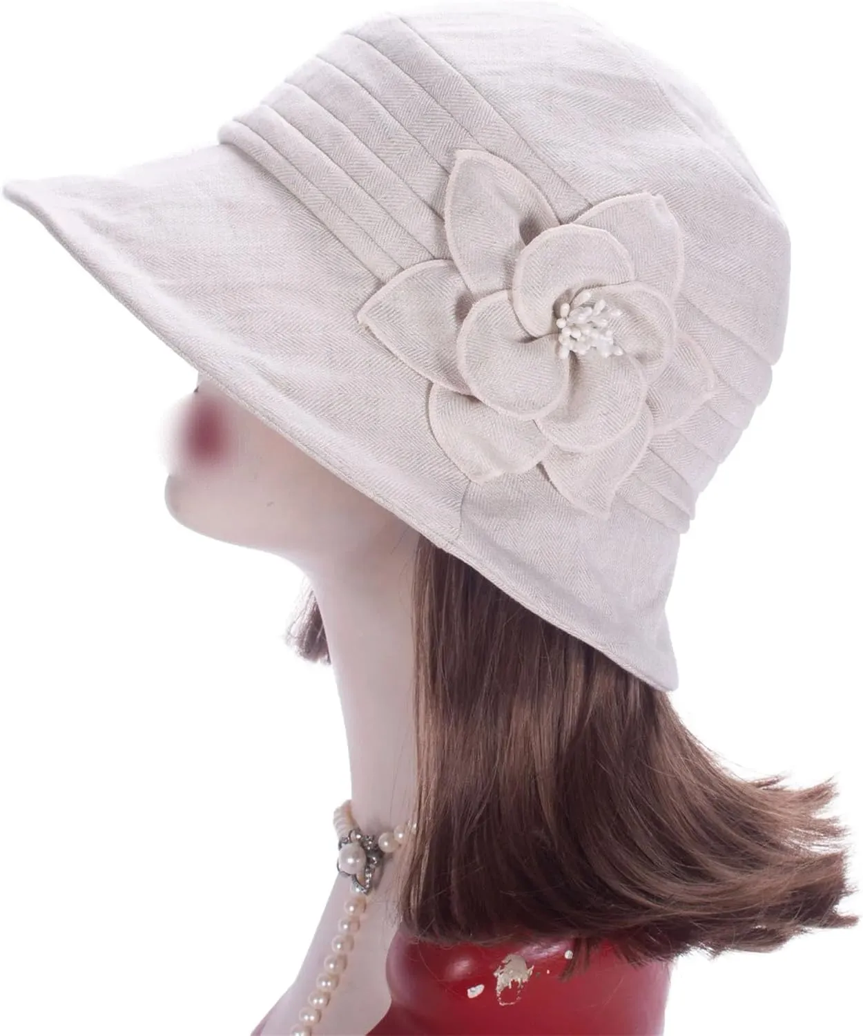 Women's Breathable Cotton Linen Cloche Hat with 3D Floral Casual Wide Brim Summer Hat Classic Tea Party Wedding Fedora Cap