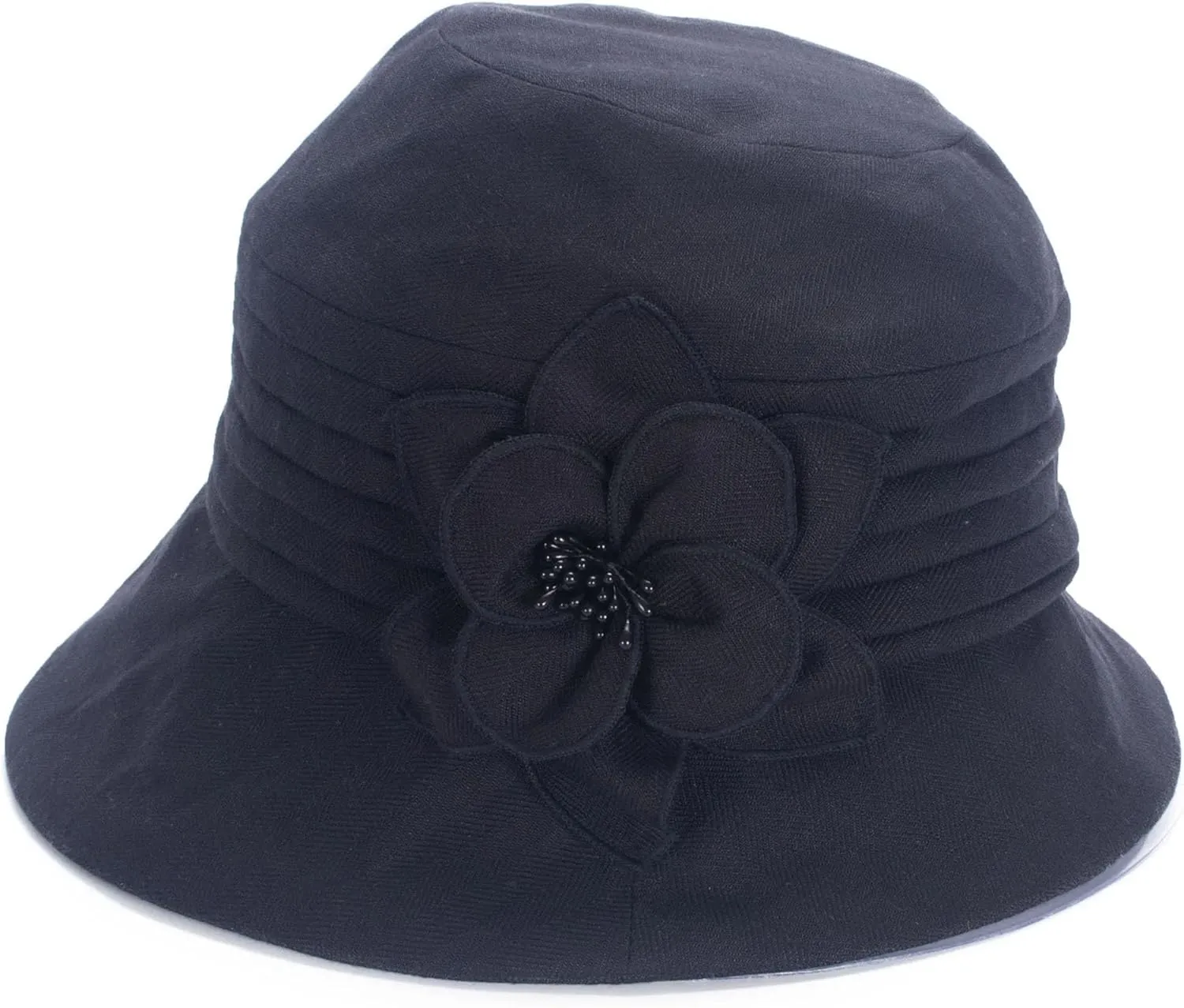 Women's Breathable Cotton Linen Cloche Hat with 3D Floral Casual Wide Brim Summer Hat Classic Tea Party Wedding Fedora Cap