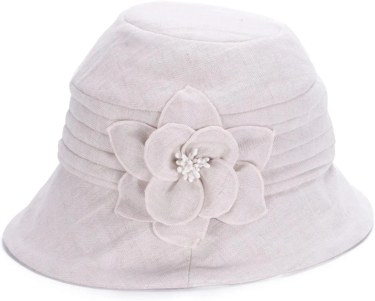 Women's Breathable Cotton Linen Cloche Hat with 3D Floral Casual Wide Brim Summer Hat Classic Tea Party Wedding Fedora Cap