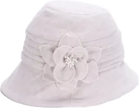 Women's Breathable Cotton Linen Cloche Hat with 3D Floral Casual Wide Brim Summer Hat Classic Tea Party Wedding Fedora Cap