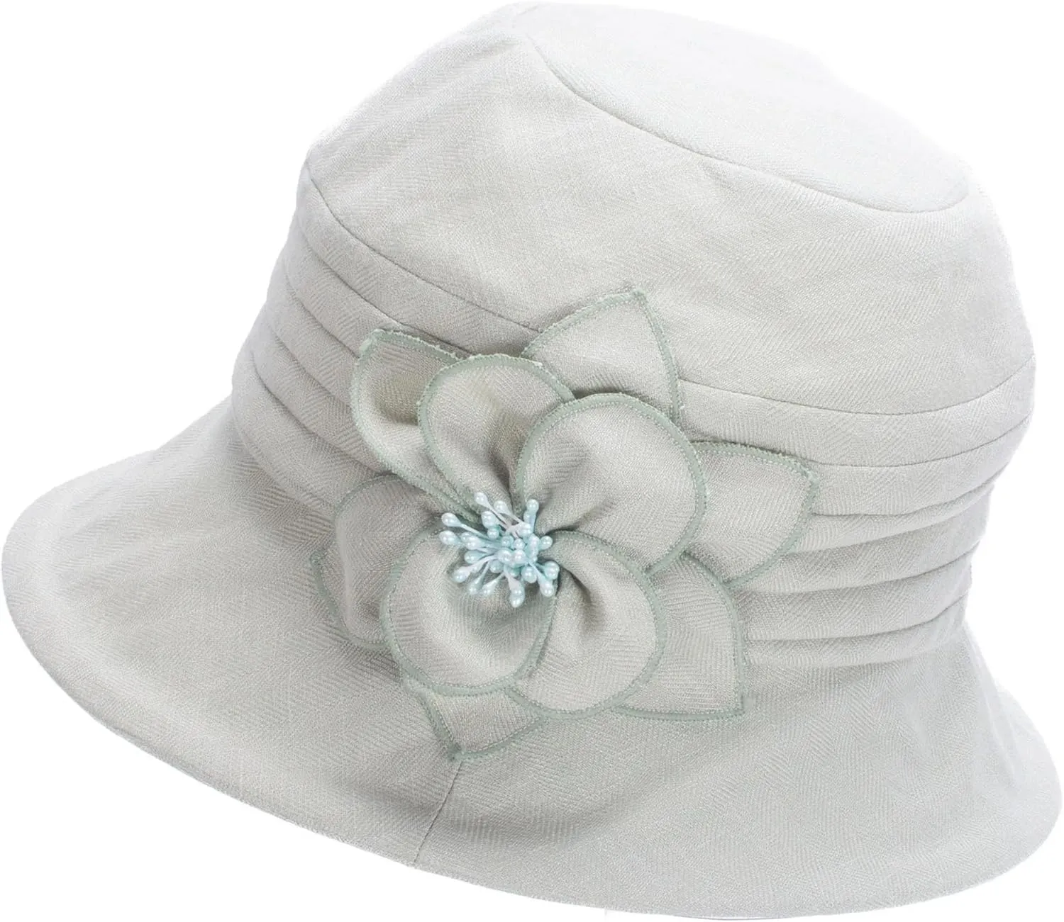 Women's Breathable Cotton Linen Cloche Hat with 3D Floral Casual Wide Brim Summer Hat Classic Tea Party Wedding Fedora Cap