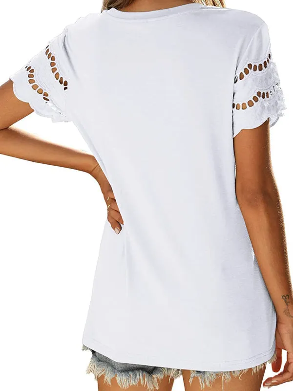 Women's Solid Colour Embroidered Cut Out Sleeve Detail Top