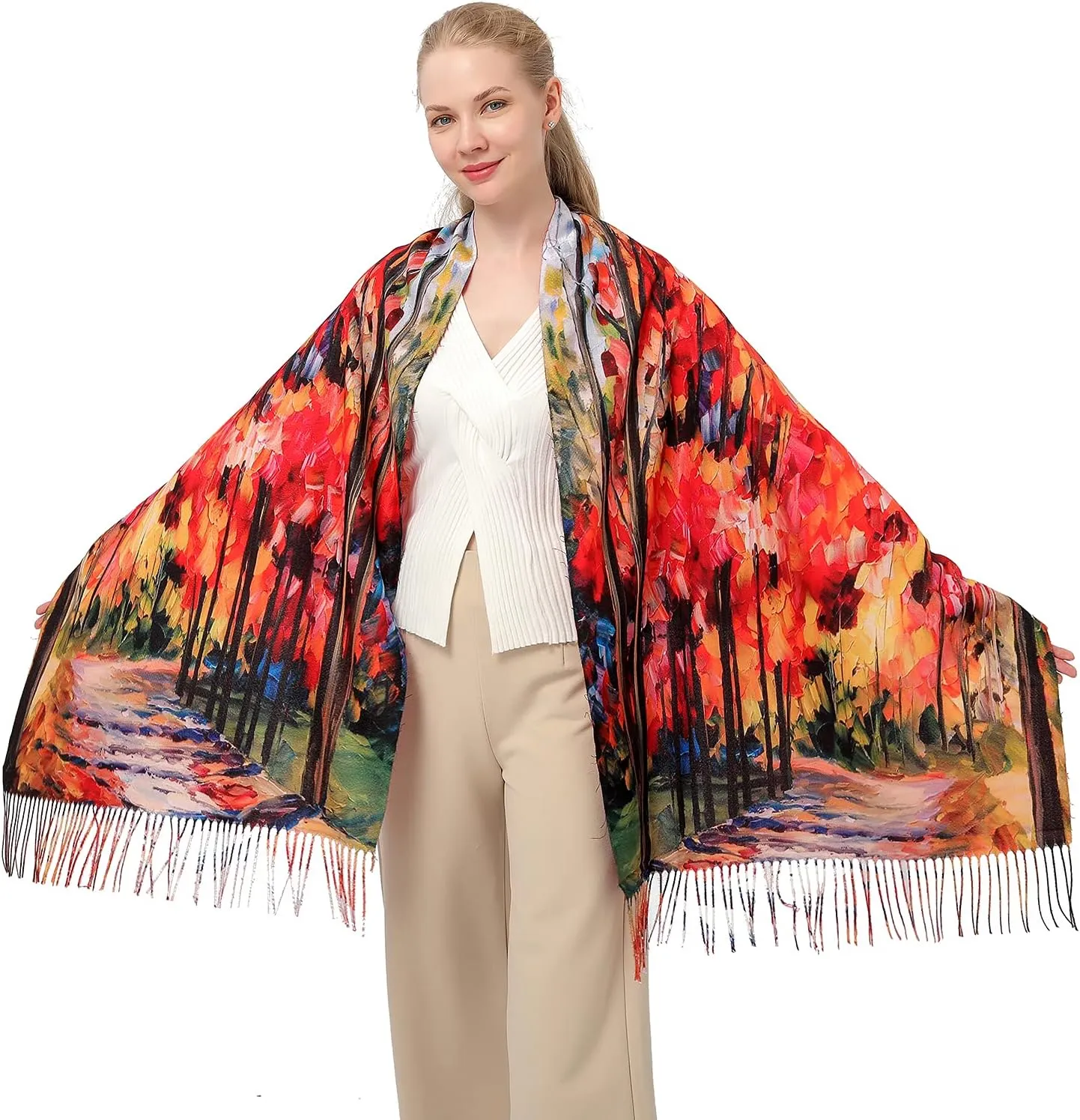 XINYUN Women's Fashion Scarf with Art Printed Tassel Soft Cashmere Warm Large Blanket Wrap Shawl for gift