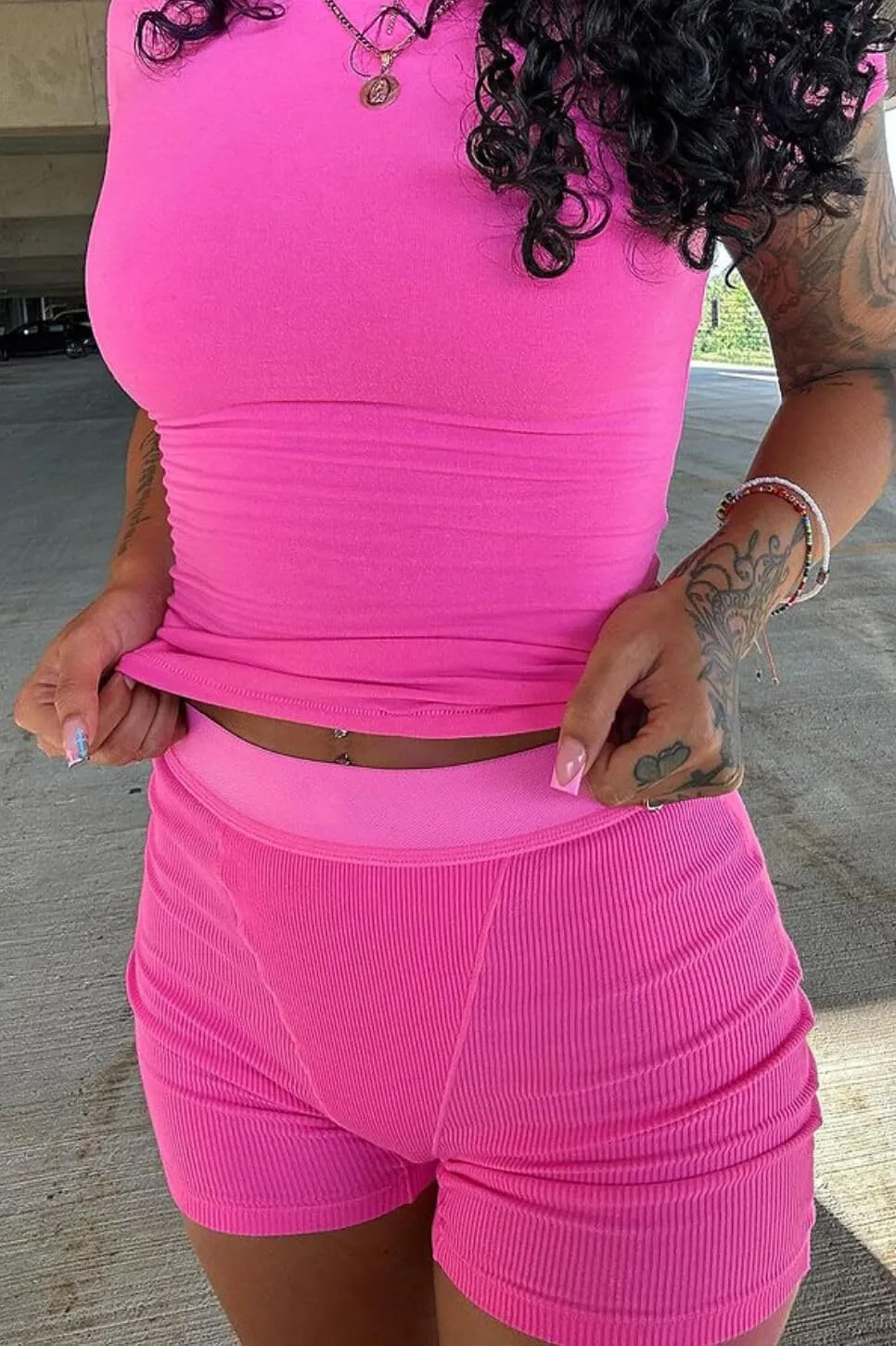 ZFLM Casual Workout Two Piece Outfits for Women Fitted Crew Neck T-shirt High Waist Pants Matching Sets Streetwear