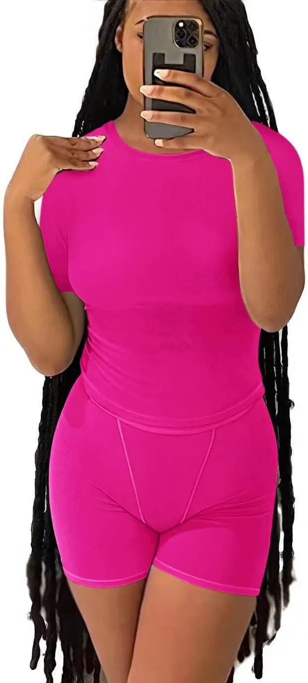 ZFLM Casual Workout Two Piece Outfits for Women Fitted Crew Neck T-shirt High Waist Pants Matching Sets Streetwear
